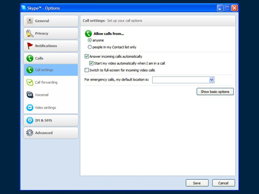 Skype call settings