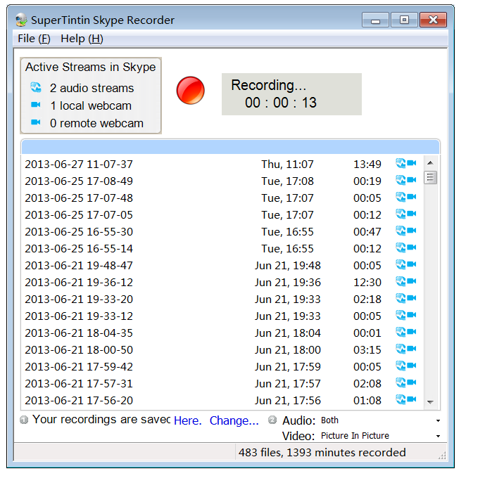 Windows 7 SuperTintin Skype Video Call Recorder 1.2.0.32 full